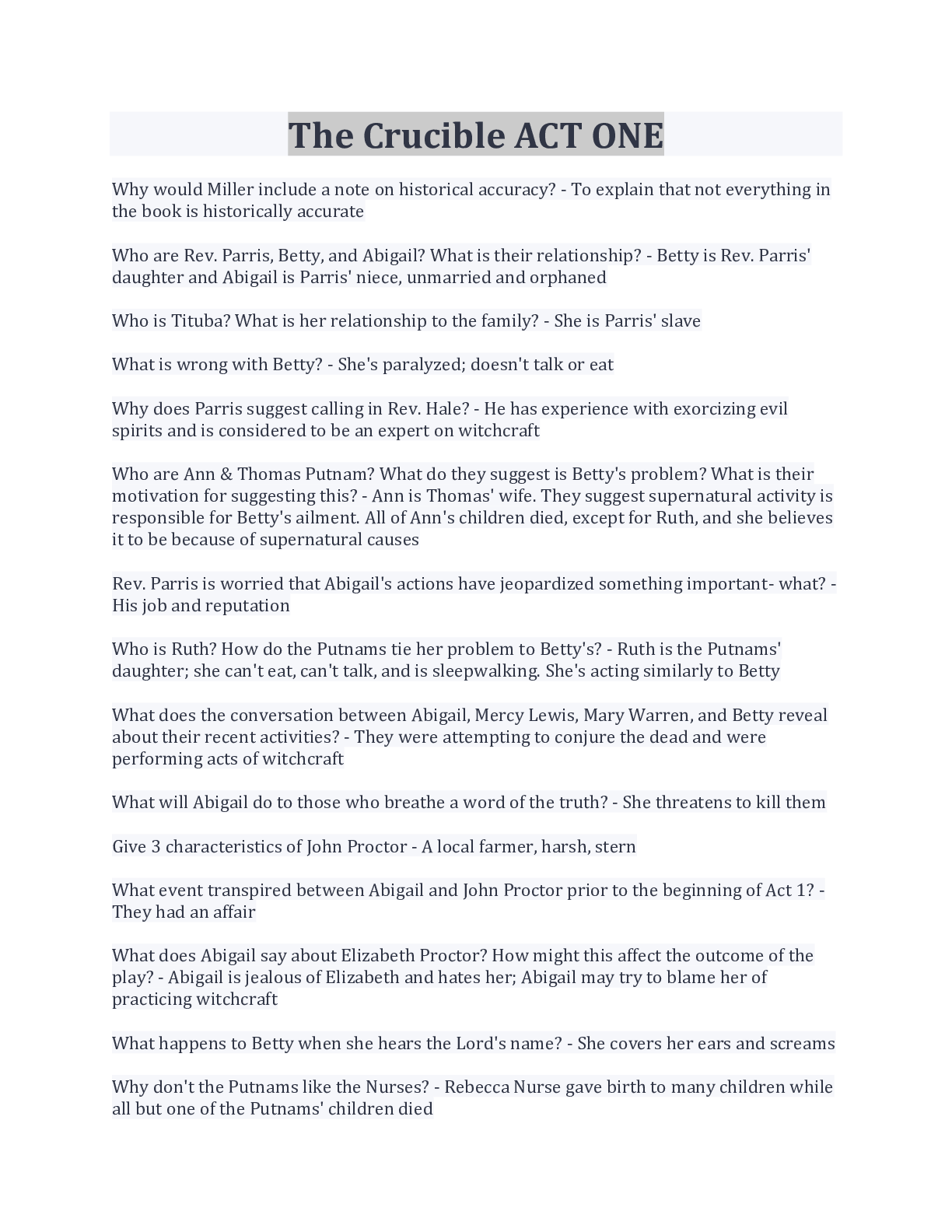 Preview image for The Crucible ACT ONE LATEST UPDATE QUESTIONS AND ANSWERS